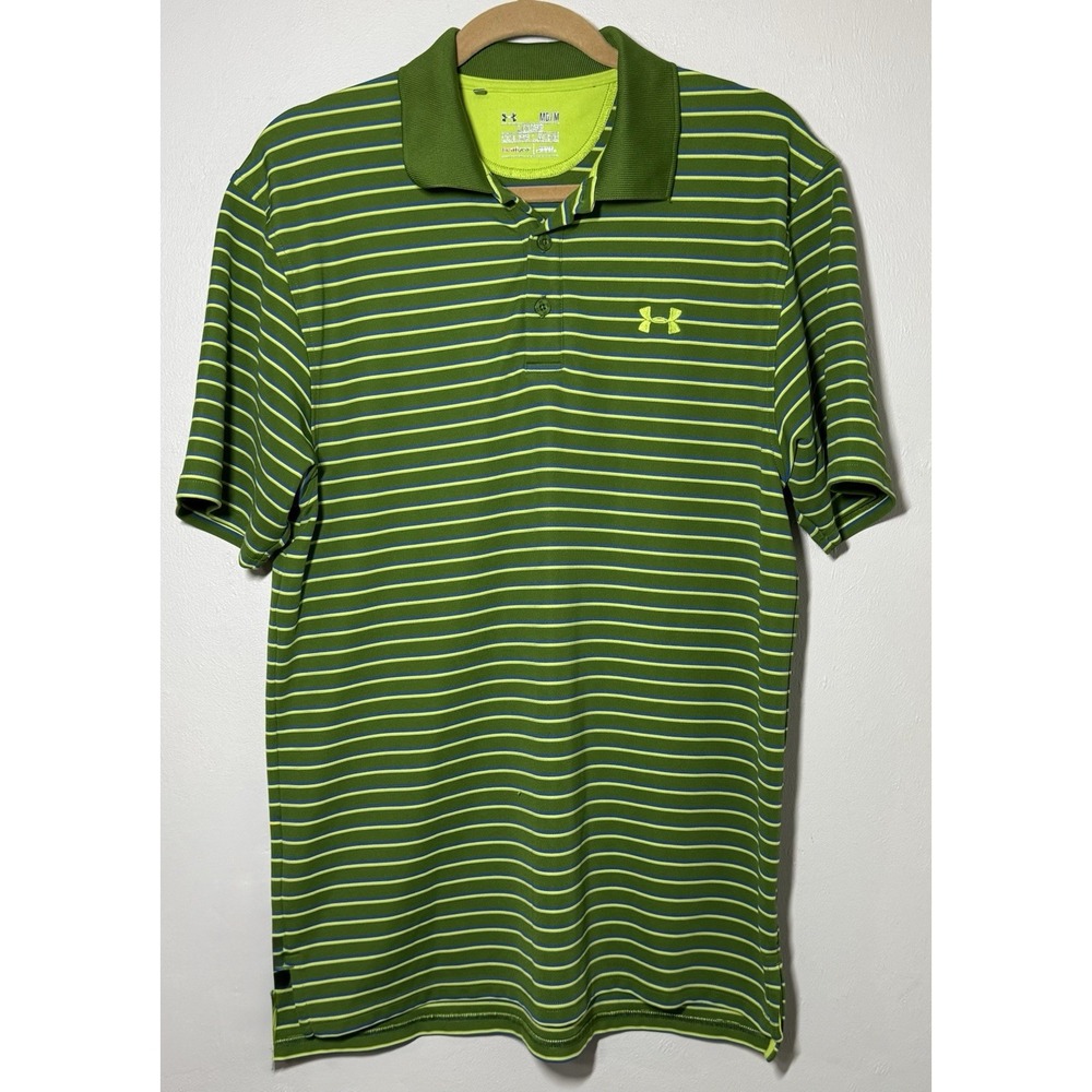Under Armour Heatgear Performance Polo Shirt Men's Medium Green Striped Stretch